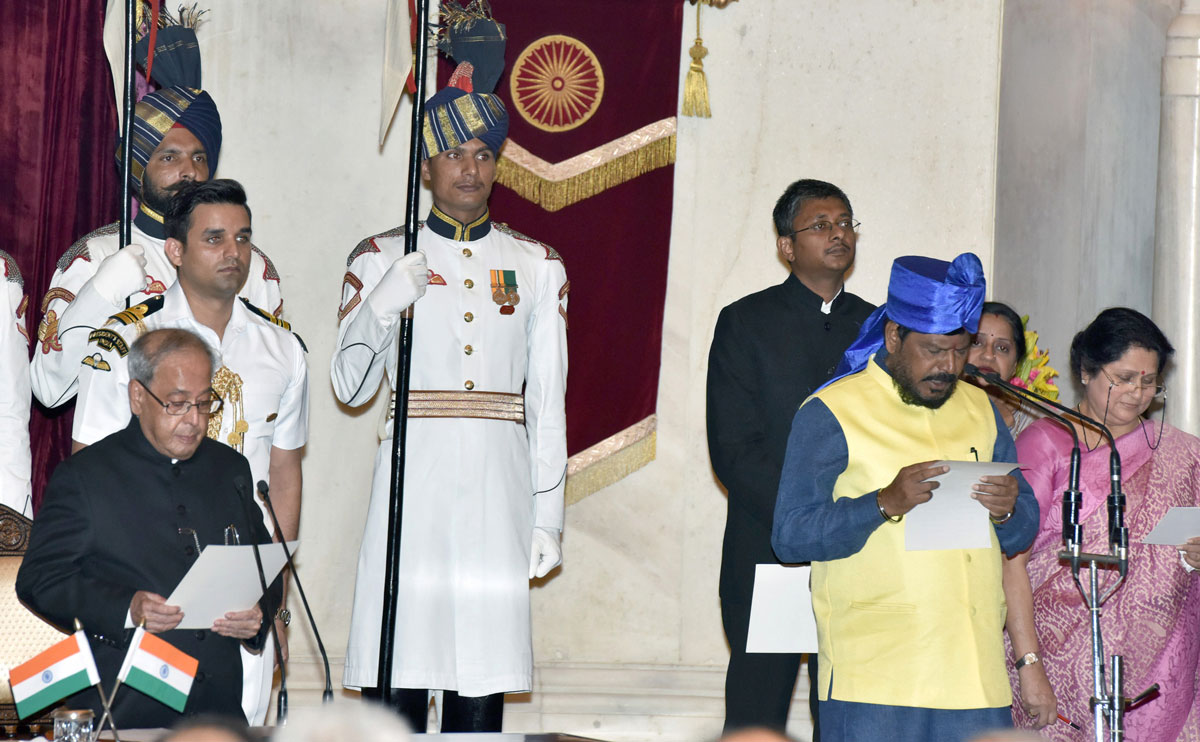 RPI Leader Ramdas Athawale taking Oath of Central Minister during Swearing Ceremony at Delhi.