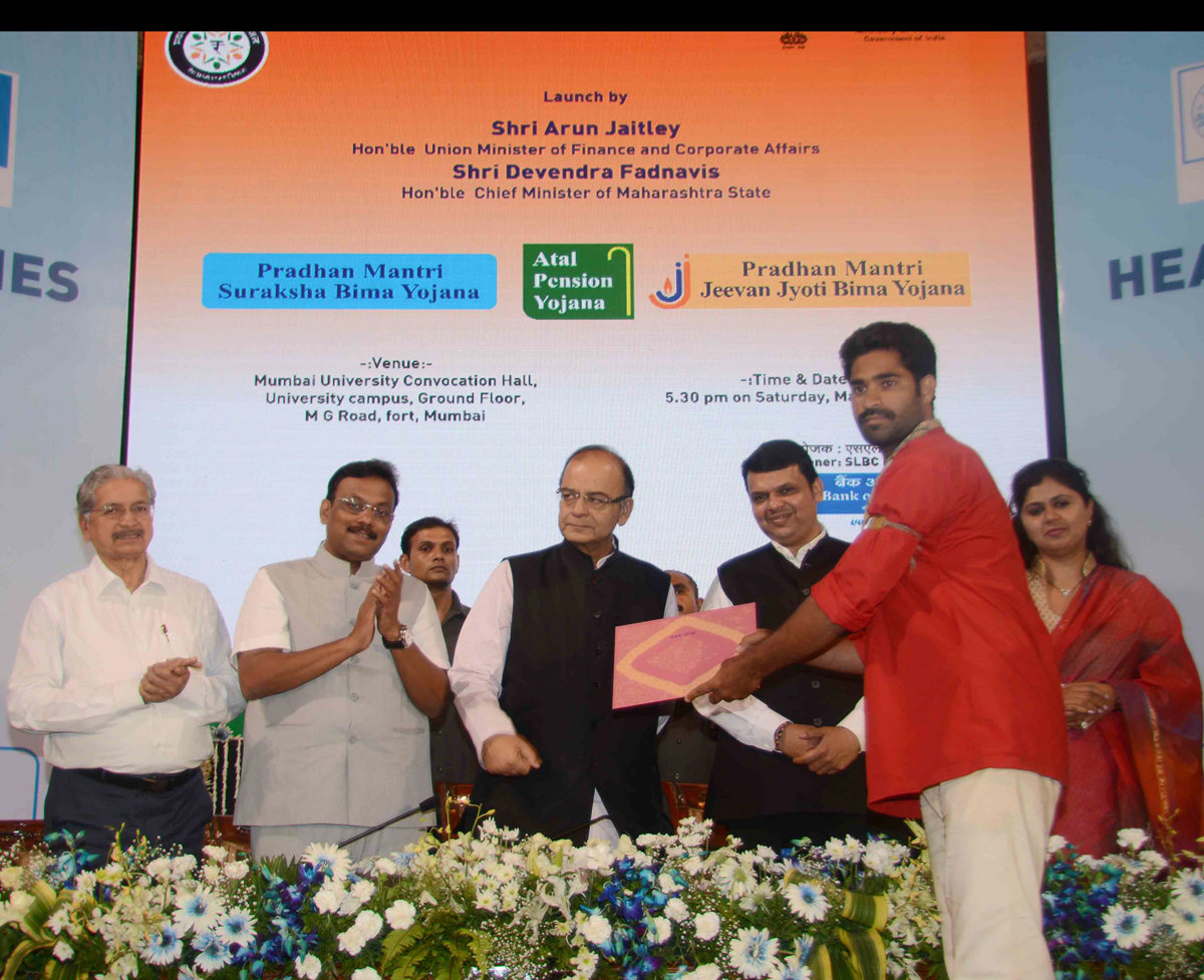 Union Minister for Finance,Corporate Affairs and Information & Broadcasting Arun Jaitley with CM of Maharashtra Devendra Fadnavis at launching of the Pradhan Mantri Suraksha Bima Yojana, Atal Pension Yojana and Pradhan Mantri Jeevan Jyoti Bima Yojana.