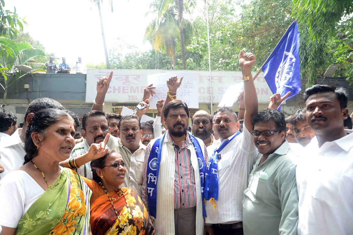 RPI Leader MP.Ramdas Athawale during Protest at Chembur Police Station against Malad Hooch Tragedy & illegal illict Liquor in Mumbai.