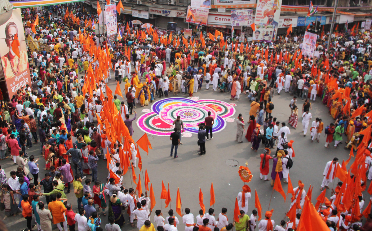 People Participate in a Procession on the occasion of Gudi Padwa (Marathi Hindu New Year) celebrations in Mumbai.