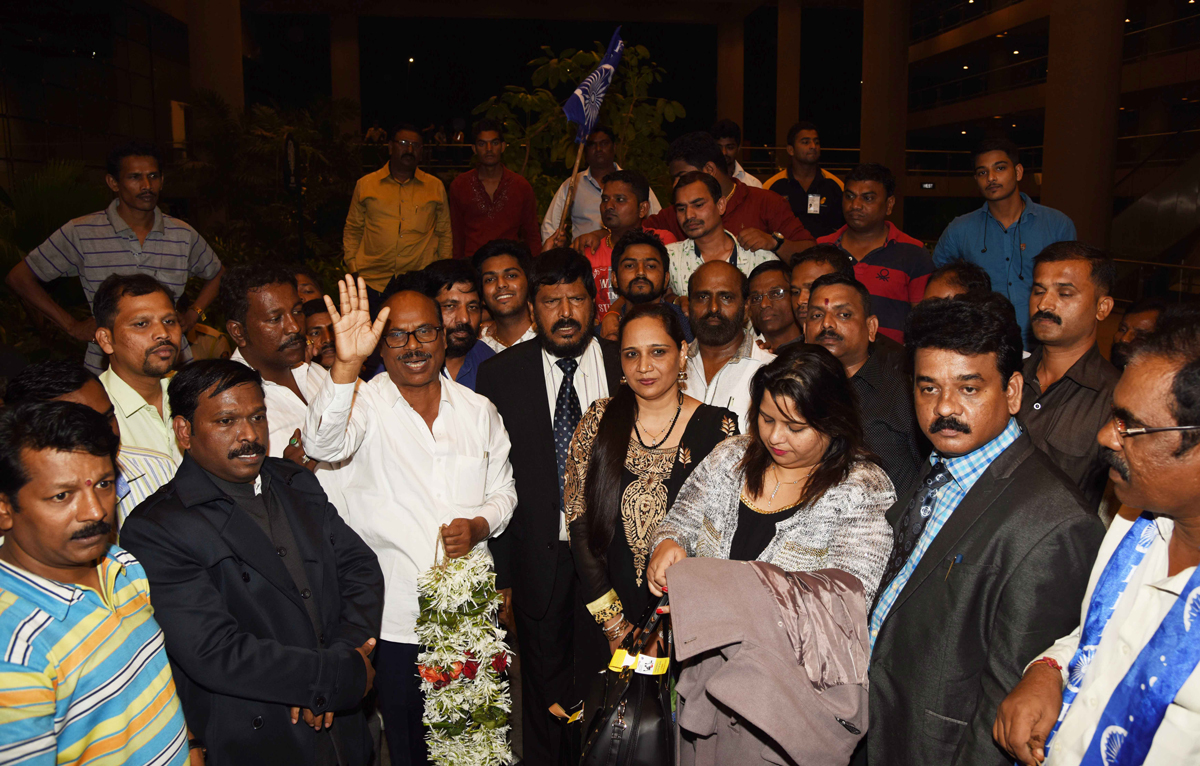 RPI Leader MP.Ramdas Athawale with Team from London to Mumbai Welcomed by Party Workers at International Airport T2 Terminal.