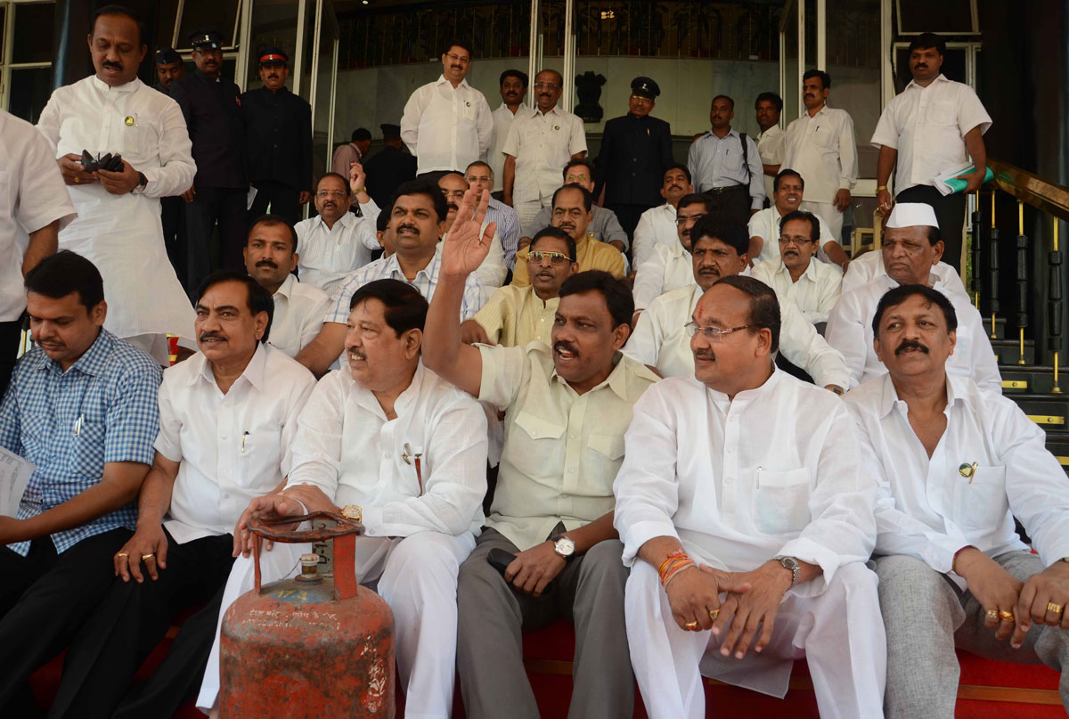 BJP PROTEST AT BUDGET SESSION IN VIDHAN BHAVAN MUMBAI.