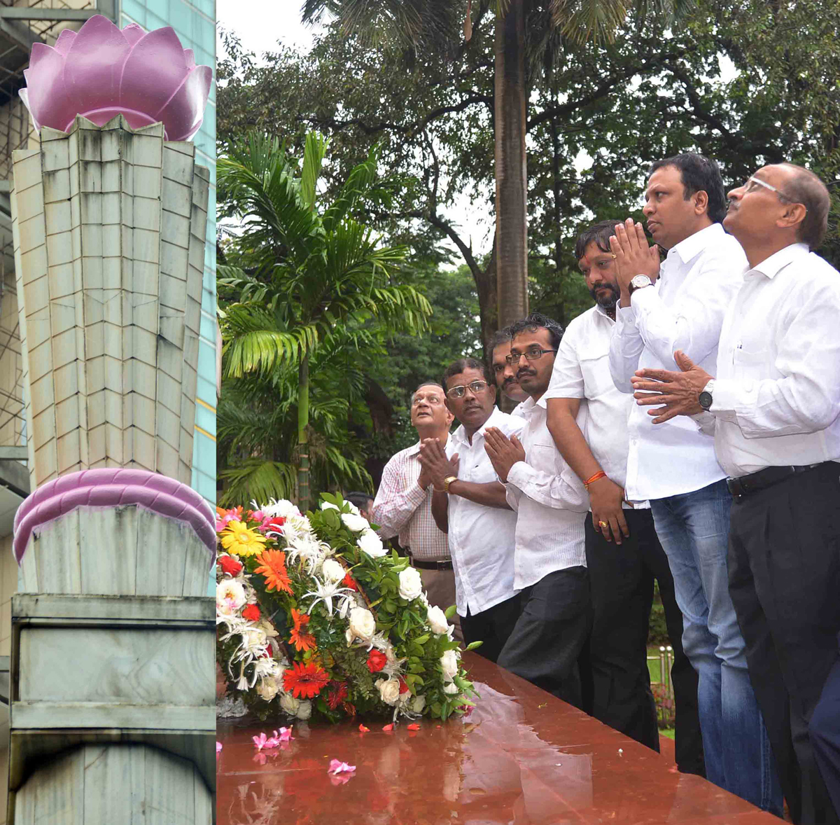 LEADER'S PAYING TRIBUTE TO "KRANTI STAMBHA" ON THE OCCASION "KRANTI DIN" AT GOWALIA TANK AUGUST KRANTI MAIDAN IN MUMBAI.