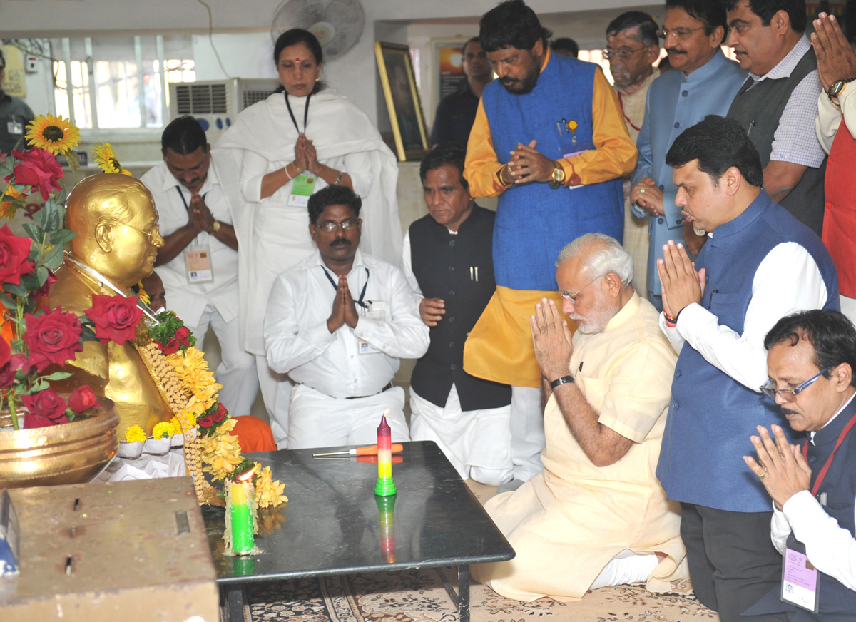 The Prime Minister Narendra Modi at Dadar Chaitya Bhoomi before Bhoomi Pujan of proposed Memorial of Dr.Babasaheb Ambedkar Smarak at Indu Mill Dadar.