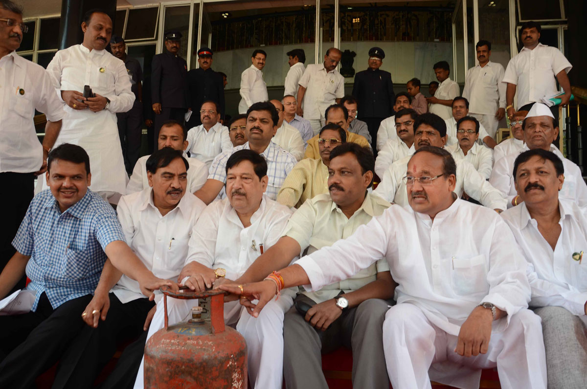 BJP PROTEST AT BUDGET SESSION IN VIDHAN BHAVAN MUMBAI.