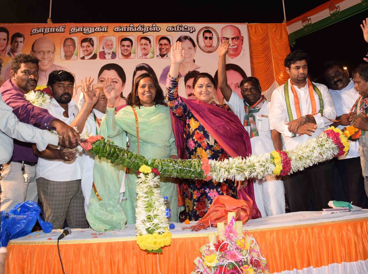 Congress Leader Varsha Gaikwad & Cine Star Khusboo Sunder during Election Campaign Rally at Dharavi in Mumbai.