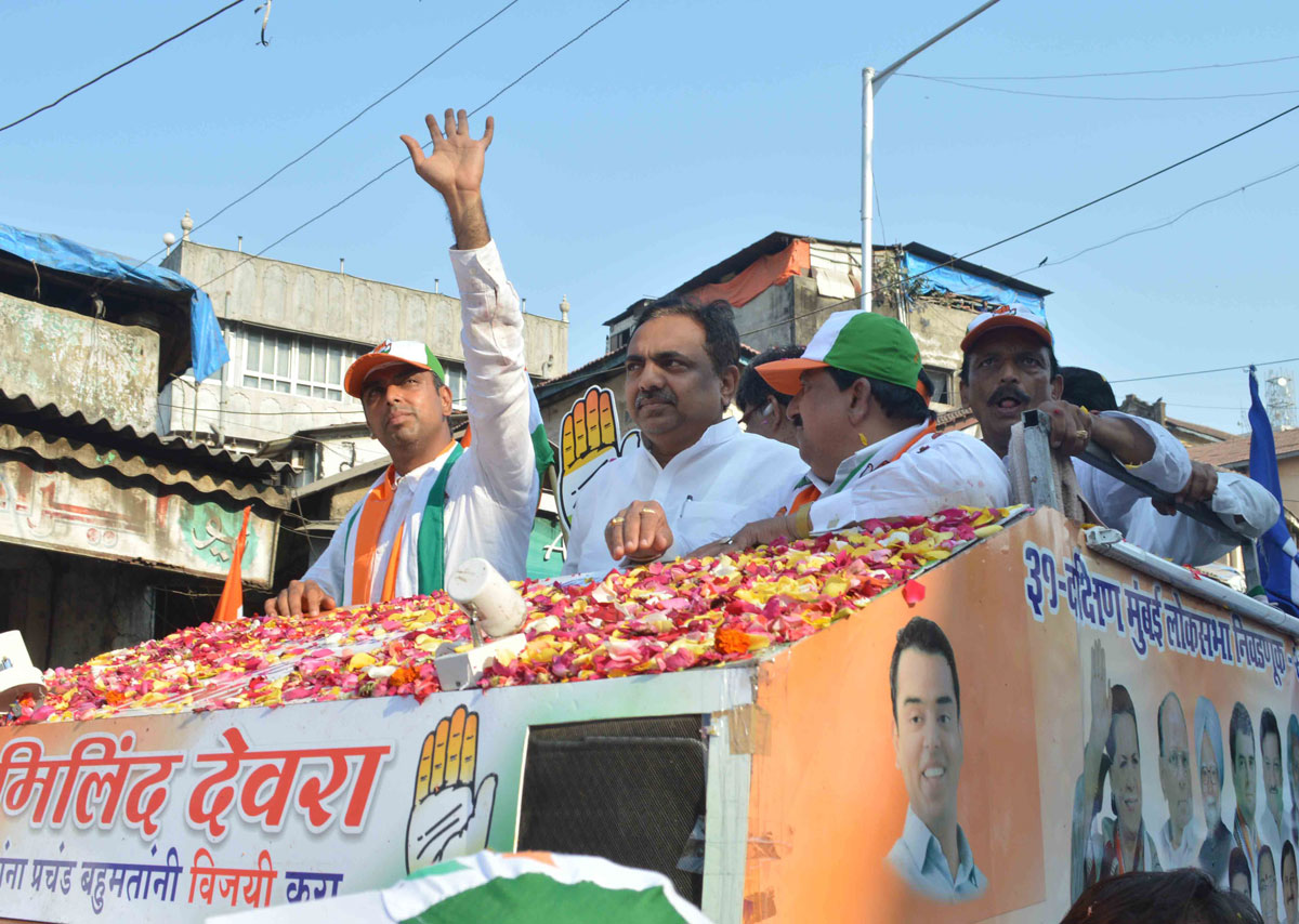 Election Campaign Public Meeting of Congress /NCP/PRP(Kawade)/ Republican Party of India (Democratic) Alliance MP.Candidate Milind Deora with Minister Jayant Patil on the Last Public Rally at Madanpura.