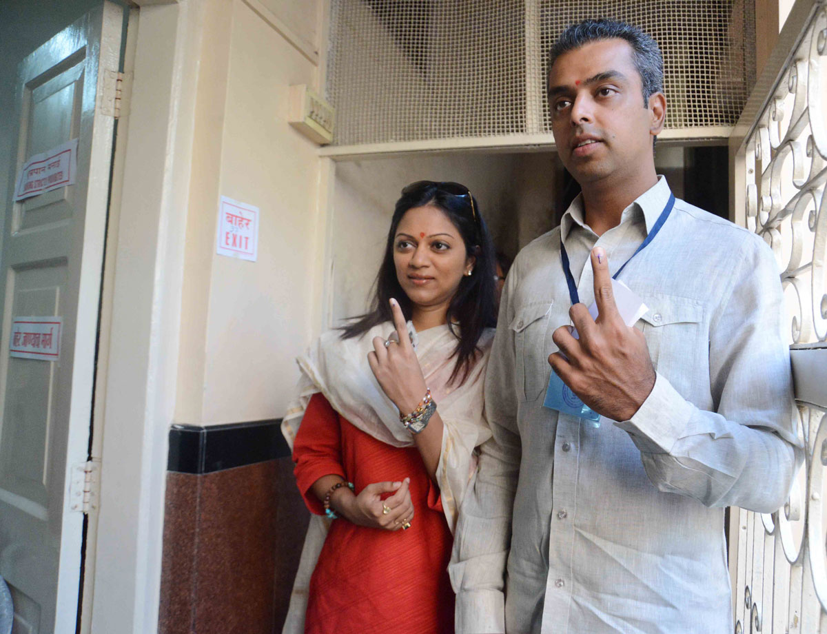 MP.Candidate Milind Deora  at Voting centre in Pedder Road.