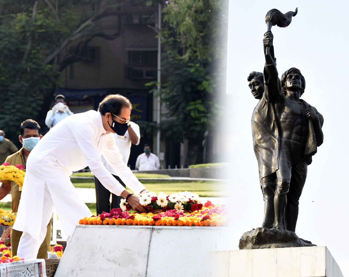 Tribute at Hutatma Chowk by Chief Minister Uddhav Thackarey on occasion of 60th Maharashtra Day & Kamgar Din at Hutatma Chowk Mumbai Fort .