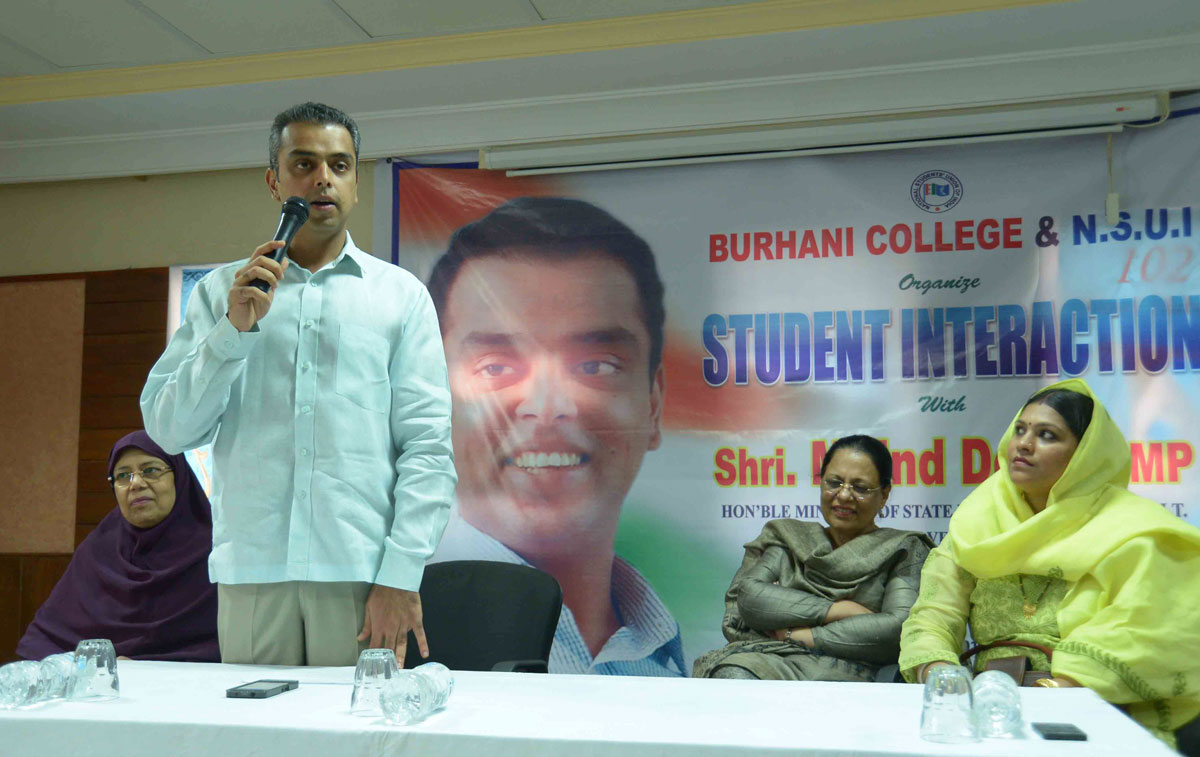 South Mumbai MP.& Union Minister Milind Deora interactive session with college students at Burhani college Mazagaon.