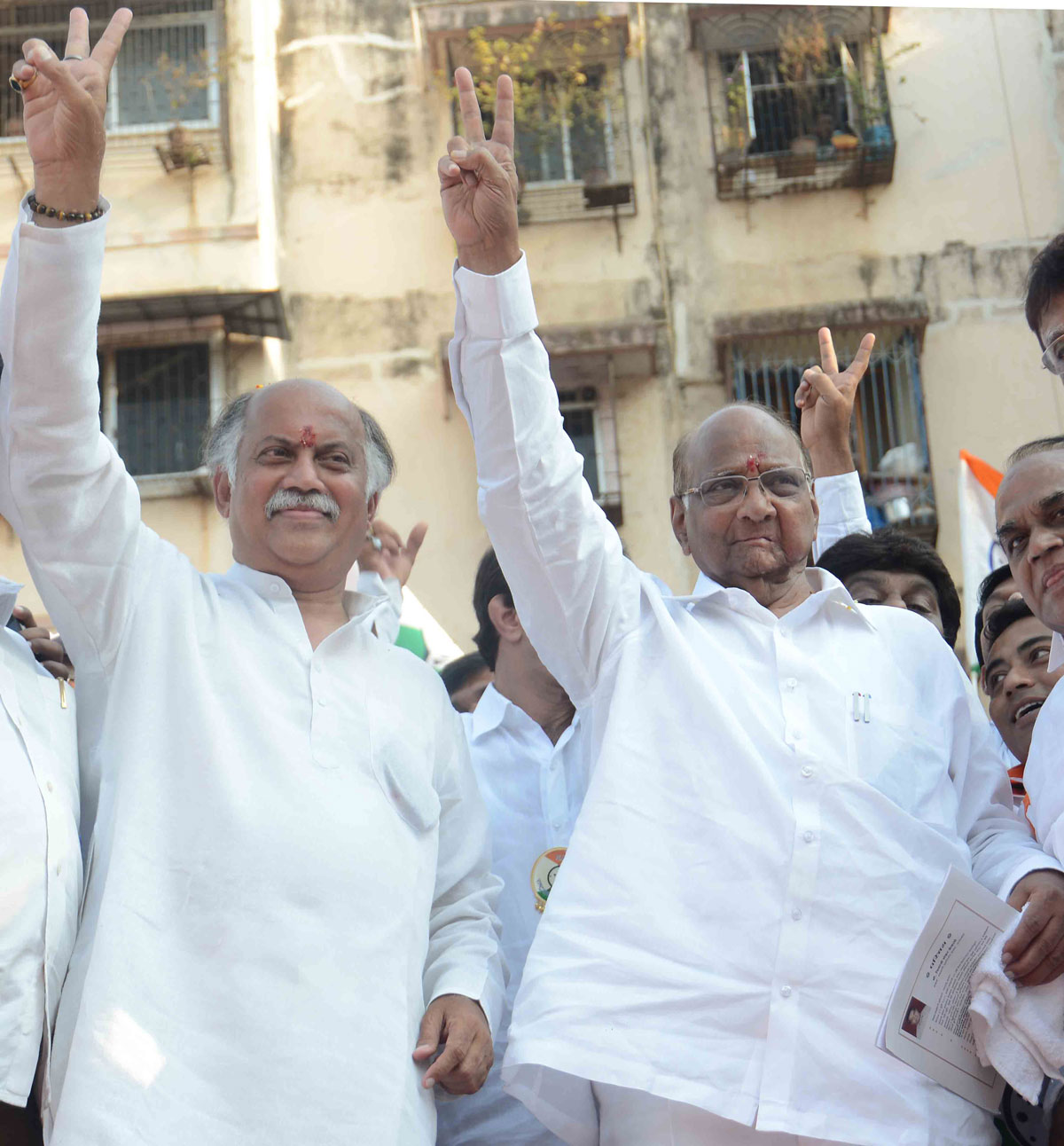 Election Campaign Public Meeting of Congress /NCP/PRP(Kawade)/ Republican Party of India (Democratic) Alliance MP.Candidate Gurudas Kamat with NCP Chief Sharad Pawar on the Last Public Rally at BEST Ground,Goregaon West, Mumbai.