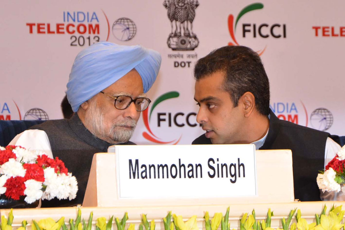 The Prime Minister Dr. Manmohan Singh,Union Minister For Communications & Information Technology and Law & Justice Kapil Sibal and The Minister Of State For Communications & Information Technology and Shipping,Shri Milind Deora At New Delhi.