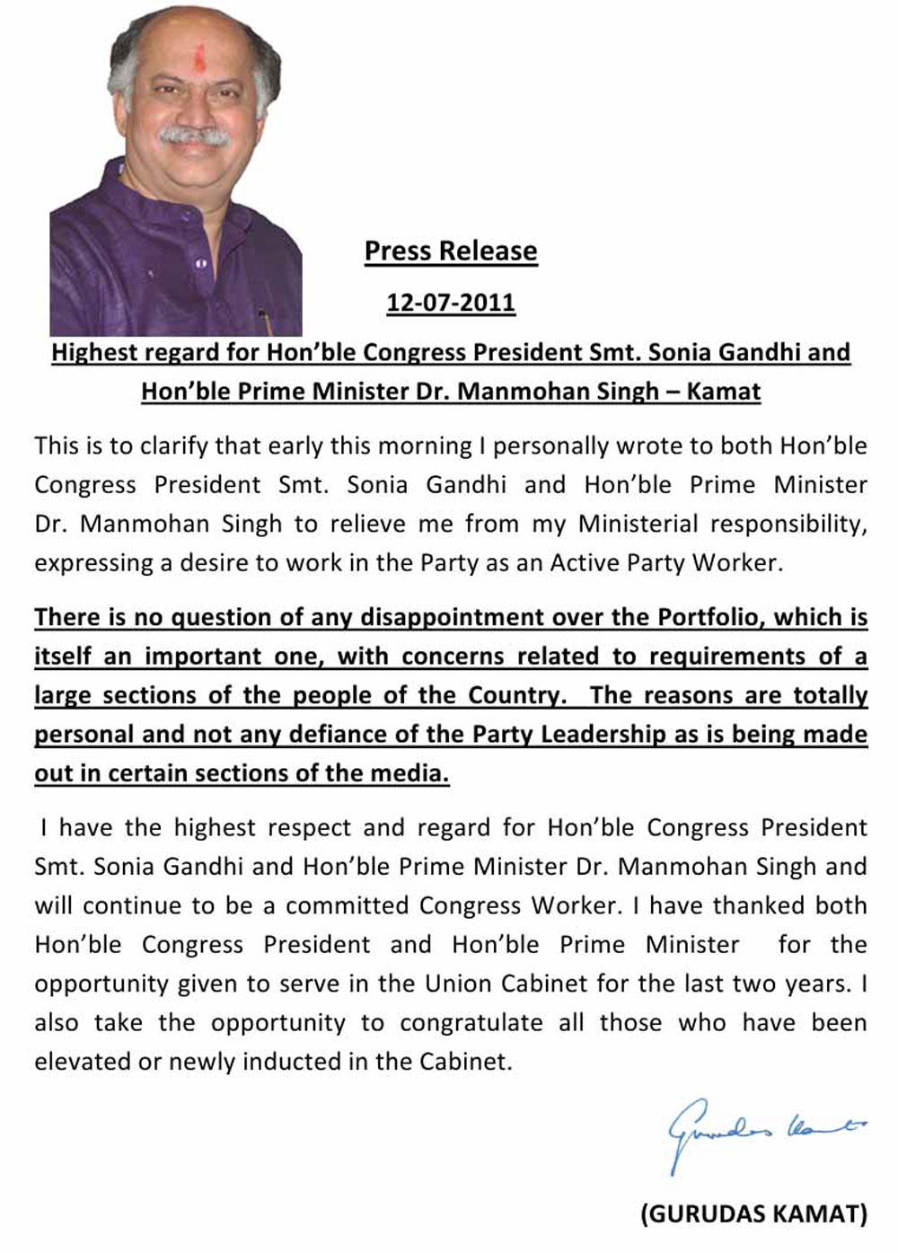 M.P.SHRI.GURUDAS KAMAT PRESS RELEASE.