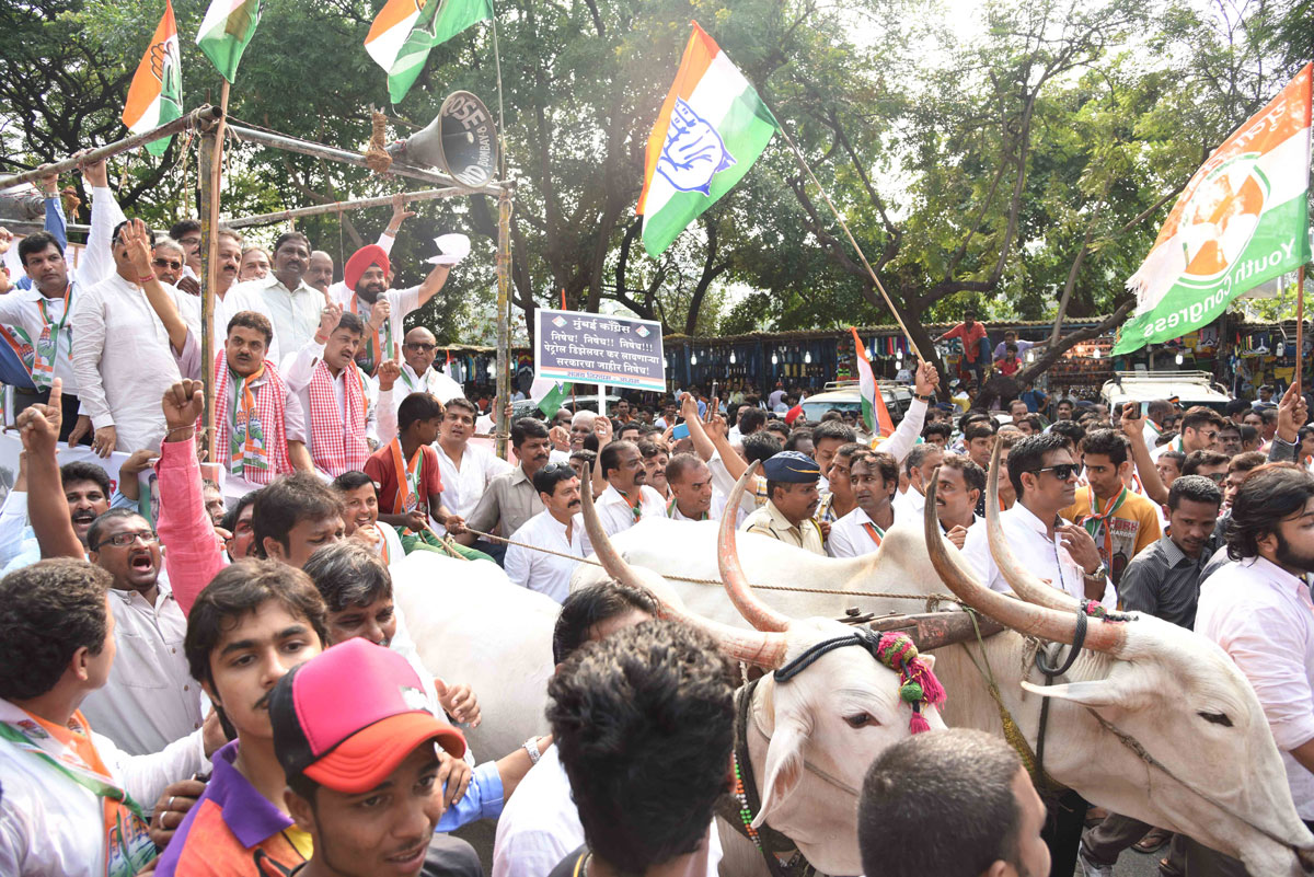 Mumbai Congress Protest Bullock Cart Rally against Petrol & Diesel Price Hike at Mumbai CST.