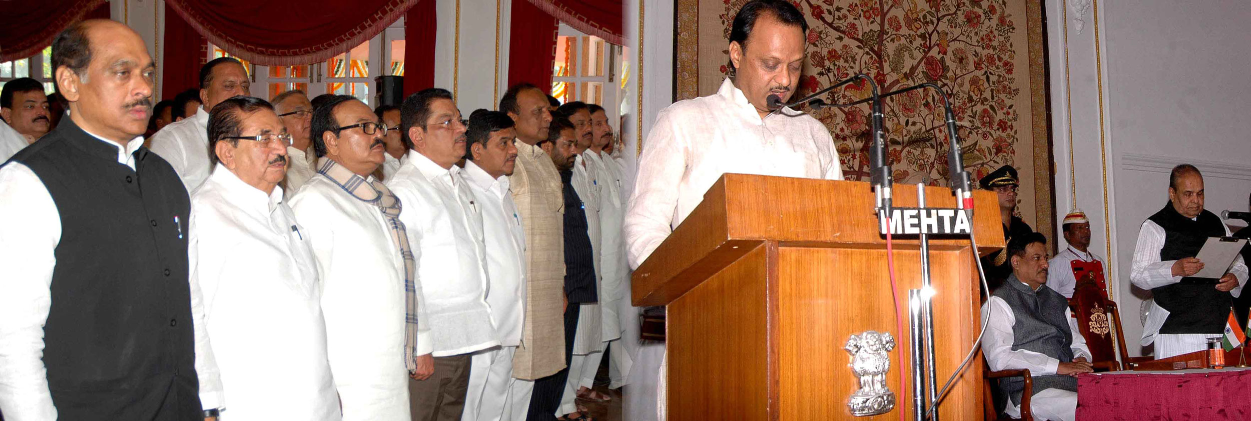 GOVERNOR K.SANKARNAYRAYANAN IS GIVING OATH TO AJITDADA PAWAR AS MAHARASHTRA DY.CHIEF MINISTER ON OCCASION CHIEF MINISTER PRITHVIRAJ CHAVAN AT RAJ BHAVAN.