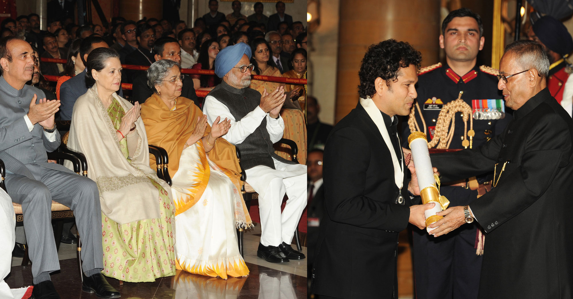 The President,Shri Pranab Mukherjee Presenting The Bharat Ratna Award 2014 to Shri Sachin Ramesh Tendulkar at Rashtrapati Bhavan.