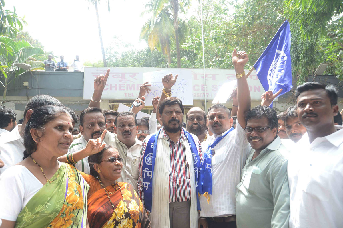 RPI Leader MP.Ramdas Athawale during Protest at Chembur Police Station against Malad Hooch Tragedy & illegal illict Liquor in Mumbai.